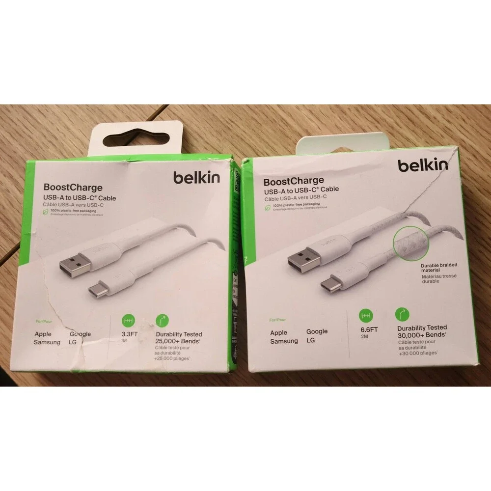 2 Pieces Belkin USB-A to USB-C Cable 6.6 ft (2M) and 3.3FT(1M) White OPEN BOX